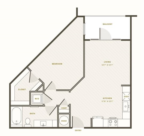 Floor plan for 1 bed, 1 bath, 771 sqft